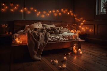 Romantic bedroom lit by candlelight for Valentine's Day. Generative AI