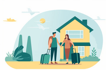 vector image of a couple arriving at a vacation house