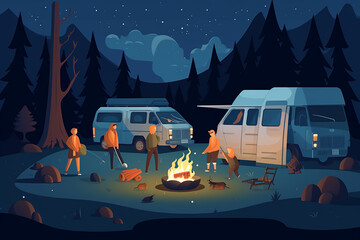 A vector image flat design of a group of people camping  at night around a campfire with a camper vvintage van in background