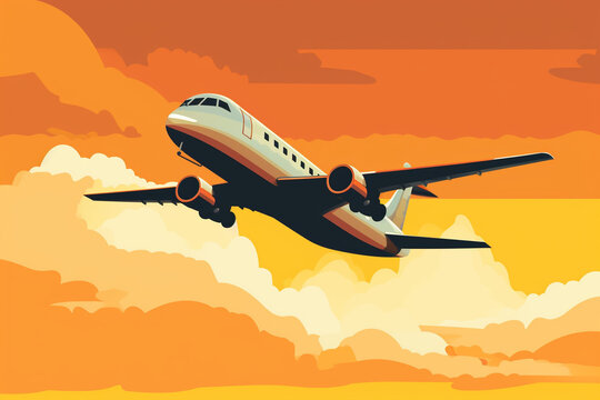 Vector image  an aircraft flying on the sunset