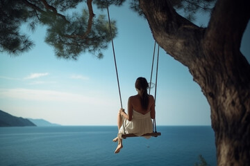 woman sit on a swing view from the back with beach landscape - obrazy, fototapety, plakaty