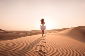 Fototapeta na wymiar woman walking alone on the desert at sunset, generative IA