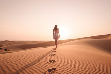 Fototapeta na wymiar woman walking alone on the desert at sunset, generative IA