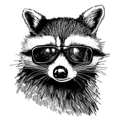 funny raccoon wearing sunglasses sketch - obrazy, fototapety, plakaty