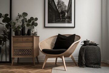 Modern Scandinavian living room with design armchair, black mock up poster frame, commode, wooden stool, book, decoration, loft wall & personal accessories. Generative AI