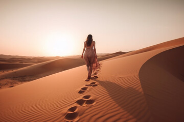 Fototapeta na wymiar woman walking alone on the desert at sunset