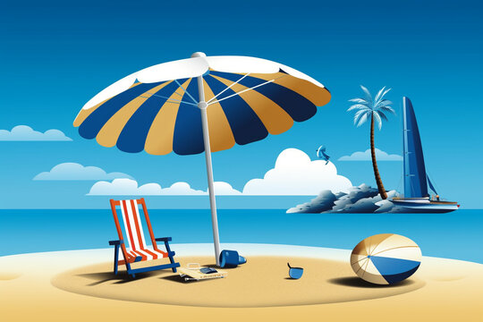 Vector image Beach umbrella with travel and summer elements, no background, Generative IA