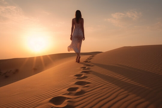 woman walking alone on the desert at sunset