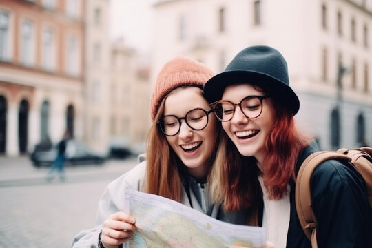 Two young woman having fun on a trip and watching at a map on a touristic place, blurry background