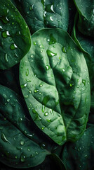 Fresh green spinach leaves with water drops on dark background, top view.