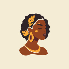 African boho woman golden jewelry accessories hand drawn beauty wall art poster logo vector flat illustration