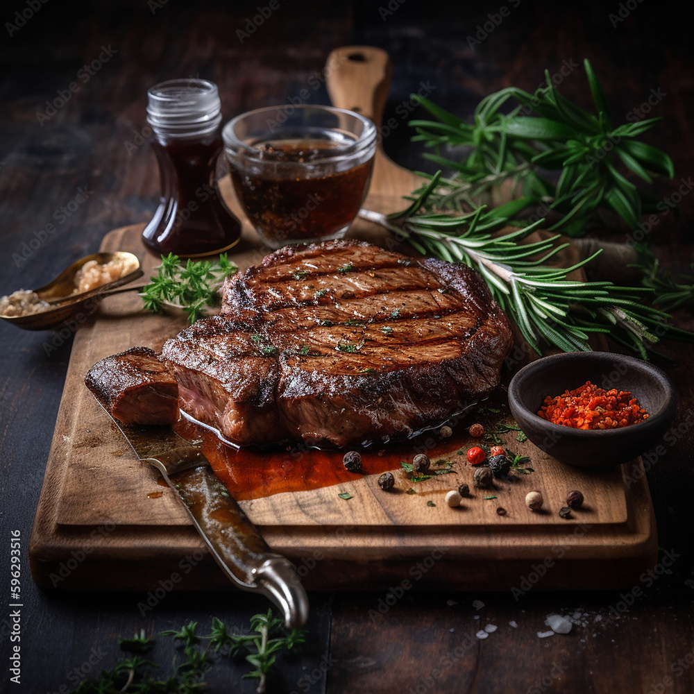 Wall mural juicy grilled steak with herbs and spices on rustic cutting board. Barbecue