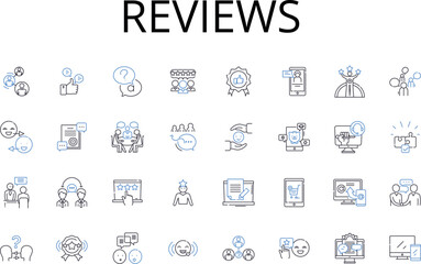 Obraz na płótnie Canvas Reviews line icons collection. Feedback, Opinions, Assessments, Evaluations, Critiques, Thoughts, Ratings vector and linear illustration. Reactions,Impressions,Remarks outline signs set
