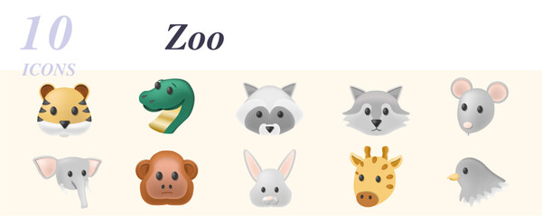 Zoo set. Creative icons: tiger, snake, raccoon, wolf, mouse, elephant, monkey, hare, zebra, dove.