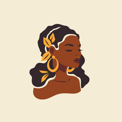 Beautiful African woman golden jewelry leaves boho accessories portrait vector flat illustration