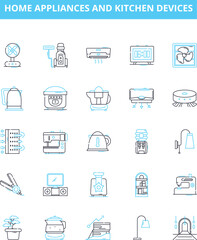Home appliances and kitchen devices vector line icons set. Stove, Microwave, Kettle, Toaster, Dishwasher, Refrigerator, Blender illustration outline concept symbols and signs