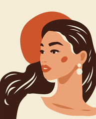 Asian beautiful female face hair romantic nature summer sun paint hand drawn poster vector flat illustration
