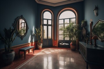 Upscale Spain-style interior w/ blue-gray curved walls & botanicals. Generative AI