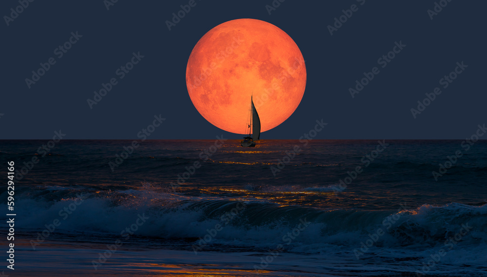 Poster lone yacht with super full moon 