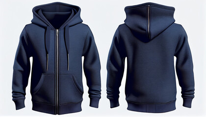 Zip-up Hoodie print mockup,  3d render, Blue color Front and back, copy space, Generative AI