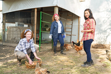 Multicultural female farming coworkers working at poultry farm © Robert Kneschke