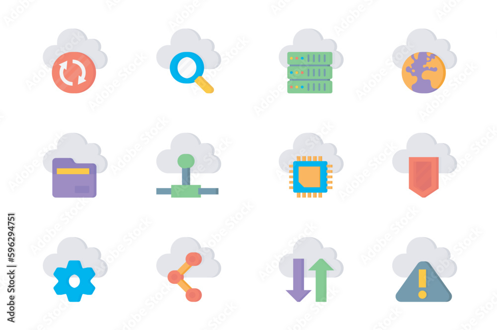 Poster computer cloud 3d icons set. pack flat pictograms of sync, search, server, database, computing, inte