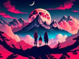 Fototapeta premium Mountain and clouds digital wallpaper, two anime character standing on wood branch facing mountain and red moon illustration