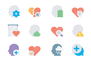 Mental health 3d icons set. Pack flat pictograms of thinking, heartbreak and emotion, human energy, balance, search, warning, help, depression and other. Vector elements for mobile app and web design