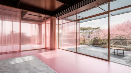 Transparent luxury house full of windows with pink and rose gold decor, so that you never feel closed in. Generative AI Technology 