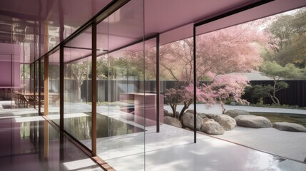 Transparent luxury house full of windows with pink and rose gold decor, so that you never feel closed in. Generative AI Technology 