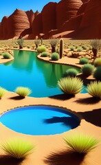 desert illustration plants water oasis sunny day