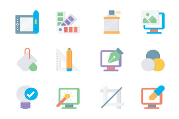 Graphic design 3d icons set. Pack flat pictograms of tablet for drawing, color palettes, paint spray, image, stationery, magic wand, crop and other tools. Vector elements for mobile app and web design