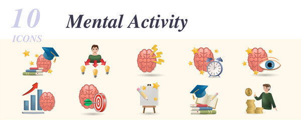Mental activity set. Creative icons: education, opportunities, mind power, memory, vision, development, target, creative process, learning, financial adviser.