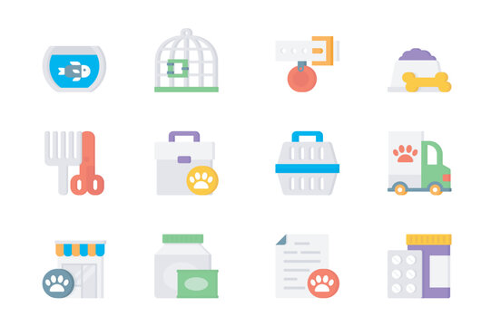 Veterinary 3d icons set. Pack flat pictograms of different types of aquarium, cage, pet collar, dog food, grooming, veterinarian, cat carrier and other. Vector elements for mobile app and web design
