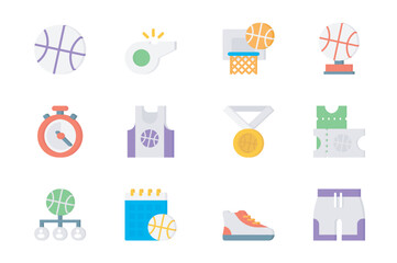 Basketball 3d icons set. Pack flat pictograms of ball, whistle, basket, cup of competition, stopwatch, t-shirt, medal, game tickets, sneakers and other. Vector elements for mobile app and web design