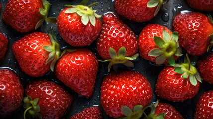 Obraz premium Strawberries with water drops on a black background. Top view. 