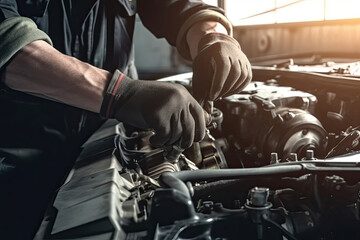 Obraz premium Auto mechanic working on car broken engine in mechanics service or garage