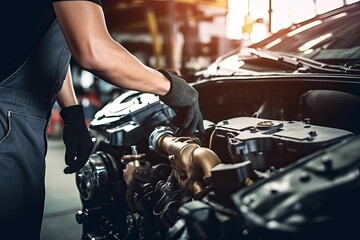 Obraz premium Auto mechanic working on car broken engine in mechanics service or garage