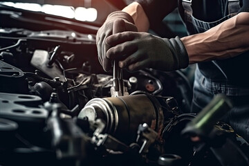 Obraz na płótnie Canvas Auto mechanic working on car broken engine in mechanics service or garage