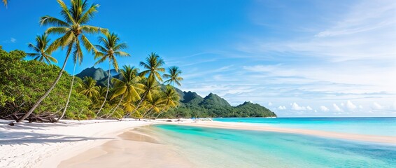 Paradise beach of a tropical island, palm trees, white sand, azure water, Generative AI.