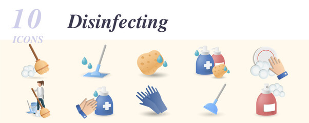 Disinfecting set. Creative icons: broom, mop, sponge, cleaning products, washing dishes, cleaning service, hand disinfection, cleaning gloves, plunger, air freshener.