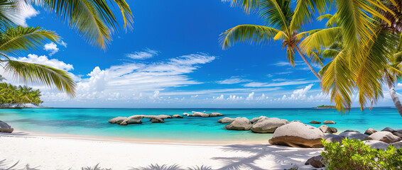 Paradise beach of a tropical island, palm trees, white sand, azure water, Generative AI. - obrazy, fototapety, plakaty