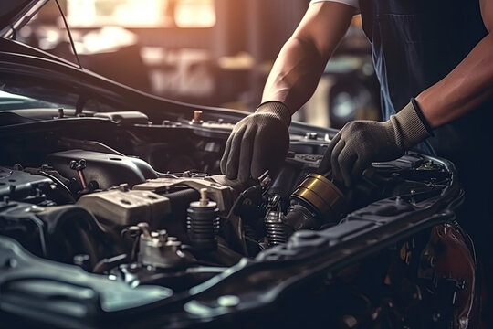 Auto mechanic working on car broken engine in mechanics service or garage