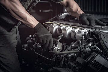 Obraz na płótnie Canvas Auto mechanic working on car broken engine in mechanics service or garage