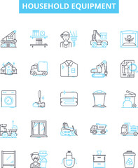 Household equipment vector line icons set. Furniture, Appliances, Utensils, Dishes, Cutlery, Vacuum, Blender illustration outline concept symbols and signs