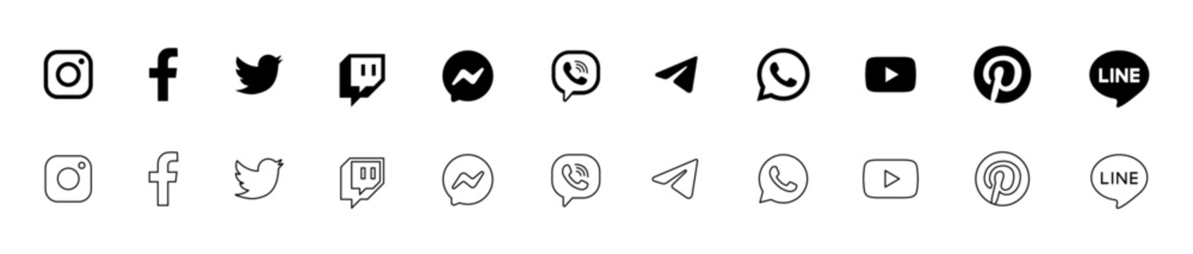 Instagram, Facebook, Twitter, Whatsapp, Youtube, Pinterest, Telegram, Twitch, Viber, Messenger, Line. Social media icon set. Editorial vector