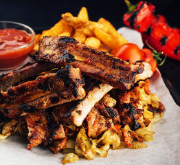 Close up gourmet main dish with grilled pork rib and fried potatoes