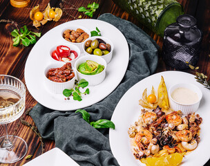 various fillings with a plate of seafood