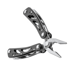 Steel multitool isolated on white background. Opened multitool with pliers, file, blade, screwdriver, bottle opener and saw, with a white background. Multi tool with expanded tools and pliers
