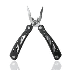 Steel multitool isolated on white background. Opened multitool with pliers, file, blade, screwdriver, bottle opener and saw, with a white background. Multi tool with expanded tools and pliers